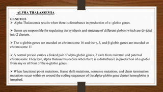GENETICS
 Alpha Thalassemia results when there is disturbance in production of α -globin genes.
 Genes are responsible for regulating the synthesis and structure of different globins which are divided
into 2 clusters.
 The α-globin genes are encoded on chromosome 16 and the γ, δ, and β-globin genes are encoded on
chromosome 11
 A normal person carries a linked pair of alpha globin genes, 2 each from maternal and paternal
chromosome.Therefore, alpha thalassemia occurs when there is a disturbance in production of α-globin
from any or all four of the α-globin genes.
 When functional point mutations, frame shift mutations, nonsense mutations, and chain termination
mutations occur within or around the coding sequences of the alpha-globin gene cluster hemoglobin is
impaired.
ALPHA THALASSEMIA
 