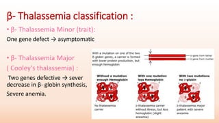 β- Thalassemia classification :
• β- Thalassemia Minor (trait):
One gene defect → asymptomatic
• β- Thalassemia Major
( Cooley's thalassemia) :
Two genes defective → sever
decrease in β- globin synthesis,
Severe anemia.
 
