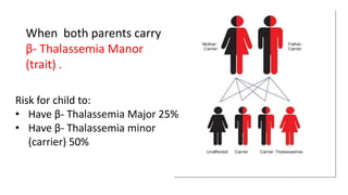When both parents carry
β- Thalassemia Manor
(trait) .
Risk for child to:
• Have β- Thalassemia Major 25%
• Have β- Thalassemia minor
(carrier) 50%
 