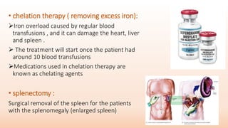 • chelation therapy ( removing excess iron):
Iron overload caused by regular blood
transfusions , and it can damage the heart, liver
and spleen .
 The treatment will start once the patient had
around 10 blood transfusions
Medications used in chelation therapy are
known as chelating agents
• splenectomy :
Surgical removal of the spleen for the patients
with the splenomegaly (enlarged spleen)
 