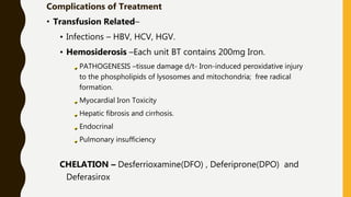 Complications of Treatment
• Transfusion Related–
• Infections – HBV, HCV, HGV.
• Hemosiderosis –Each unit BT contains 200mg Iron.
PATHOGENESIS –tissue damage d/t- Iron-induced peroxidative injury
to the phospholipids of lysosomes and mitochondria; free radical
formation.
Myocardial Iron Toxicity
Hepatic fibrosis and cirrhosis.
Endocrinal
Pulmonary insufficiency
CHELATION – Desferrioxamine(DFO) , Deferiprone(DPO) and
Deferasirox
 