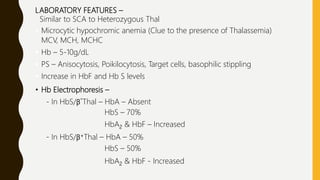 LABORATORY FEATURES –
Similar to SCA to Heterozygous Thal
 Microcytic hypochromic anemia (Clue to the presence of Thalassemia)
MCV, MCH, MCHC
 Hb – 5-10g/dL
 PS – Anisocytosis, Poikilocytosis, Target cells, basophilic stippling
 Increase in HbF and Hb S levels
• Hb Electrophoresis –
- In HbS/β˚Thal – HbA – Absent
HbS – 70%
HbA2 & HbF – Increased
- In HbS/β+Thal – HbA – 50%
HbS – 50%
HbA2 & HbF - Increased
 