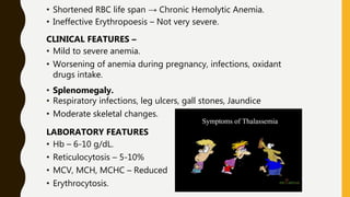 • Shortened RBC life span → Chronic Hemolytic Anemia.
• Ineffective Erythropoesis – Not very severe.
CLINICAL FEATURES –
• Mild to severe anemia.
• Worsening of anemia during pregnancy, infections, oxidant
drugs intake.
• Splenomegaly.
• Respiratory infections, leg ulcers, gall stones, Jaundice
• Moderate skeletal changes.
LABORATORY FEATURES
• Hb – 6-10 g/dL.
• Reticulocytosis – 5-10%
• MCV, MCH, MCHC – Reduced
• Erythrocytosis.
 