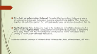  Three faulty genes(hemoglobin H disease): The patient has hemoglobin H disease, a type of
chronic anemia. In this case, there are an excessive amount of beta globin's. When these join
together, it is called Hemoglobin They will need regular blood transfusions throughout their life.
 Four faulty genes: Alpha thalassemia major is the most severe form of alpha thalassemia. It is
known to cause hydrops fetalis, a serious condition in which fluid accumulates in parts of the
fetus’ body. A fetus with four mutated genes cannot produce normal hemoglobin and is
unlikely to survive, even with blood transfusions.
Alpha thalassemia is common in southern China, Southeast Asia, India, the Middle East, and Africa.
 