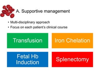 A. Supportive management
• Multi-disciplinary approach
• Focus on each patient’s clinical course
Transfusion Iron Chelation
Fetal Hb
Induction
Splenectomy
 