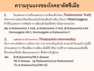 ความรุนแรงของโรคธาลัสซีเมีย
1. ไม่แสดงอาการหรือแสดงอาการเพียงเล็กน้อย (Thalassemia Trait)
เกิดจากความผิดปกติของยีนบนโครโมโซมเพียงข้างเดียว เรียกว่า Heterozygous
ทาให้ไม่แสดงอาการหรือมีอาการเพียงเล็กน้อยซึ่งจัดว่าเป็นพาหะของโรค
เช่น α-thalassemia 1 trait, α-thalassemia 2 trait, β-thalassemia trait
Homozygote Hb E, Homozygote α-thalassemia 2
2. แสดงอาการปานกลาง (Thalassimia intermedia)
มีอาการทางโลหิตจาง แต่ไม่มากนัก ร่างกายจะเจริญเติบโต ตามปกติ ตับและม้ามโตขึ้น
มักจะแสดงอาการ ซีดเหลือง ตาเหลือง เมื่อมีไข้ หรือภาวะที่ร่างกายอ่อนแอและติดเชื้อ
ซึ่งจะส่งผลให้เม็ด เลือดแดงแตกมาก ซึ่งจัดว่าเป็นผู้ป่วย
เช่น β-thalassemia/Hb E disease
Hb H disease (α-thalassemia1/α-thalassemia2
หรือ α-thalassemia1/Hb CS)
 
