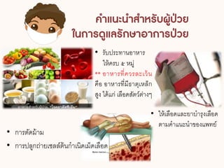 • การตัดม้าม
• การปลูกถ่ายเซลล์ต้นกาเนิดเม็ดเลือด
• รับประทานอาหาร
ให้ครบ ๕ หมู่
** อาหารที่ควรละเว้น
คือ อาหารที่มีธาตุเหล็ก
สูง ได้แก่ เลือดสัตว์ต่าง
• ให้เลือดและยาบารุงเลือด
ตามคาแนะนาของแพทย์
 