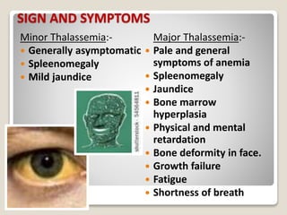 SIGN AND SYMPTOMS
Minor Thalassemia:-
 Generally asymptomatic
 Spleenomegaly
 Mild jaundice
Major Thalassemia:-
 Pale and general
symptoms of anemia
 Spleenomegaly
 Jaundice
 Bone marrow
hyperplasia
 Physical and mental
retardation
 Bone deformity in face.
 Growth failure
 Fatigue
 Shortness of breath
 