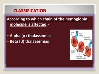 CLASSIFICATION
According to which chain of the hemoglobin
molecule is affected:-
 Alpha (α) thalassemias
 Beta (β) thalassemias
 