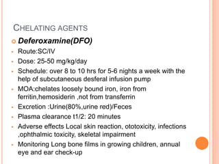 CHELATING AGENTS
 Deferoxamine(DFO)
 Route:SC/IV
 Dose: 25-50 mg/kg/day
 Schedule: over 8 to 10 hrs for 5-6 nights a week with the
help of subcutaneous desferal infusion pump
 MOA:chelates loosely bound iron, iron from
ferritin,hemosiderin ,not from transferrin
 Excretion :Urine(80%,urine red)/Feces
 Plasma clearance t1/2: 20 minutes
 Adverse effects Local skin reaction, ototoxicity, infections
,ophthalmic toxicity, skeletal impairment
 Monitoring Long bone films in growing children, annual
eye and ear check-up
 