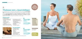 Spa marin
en Accès libre
et illimité
Détail des prix : voir annexe. Prix nets TTC par personne, susceptibles d’être modifiés sans préavis.
Thalasso zen bio
5 jours/6 nuits
2 bilans personnalisés kiné
1 conférence “Mécanismes
du stress”
1 conférence “Stress
 alimentation”
3 séances de méditation
- relaxation
2 séances d’Aï-chi (piscine)
2 séances de Qi-Gong ou Yoga
Cure Ayurvédique
5 jours/6 nuits
1 gommage védique
1 Abhyanga
1 Kansu
1 Shirodara
1 Udvartana ou Vishesh
1 Marmas ou Snehana
2 bilans védiques
2 séances d’Hatha Yoga
Dates 2015
 26 au 30 janvier
 16 au 20 février
 2 au 6 mars
 6 au 10 avril
 8 au 12 juin
 6 au 10 juillet
 14 au 18 sept.
 12 au 16 octobre
 2 au 6 novembre
 30 nov. au 4 déc.
2 enveloppements d’algues
2 bains hydromassants
1 douche à affusion balayante
1 gommage suivi
d’1 enveloppement
1 modelage Kobido visage
1 Abhyanga
1 Q Chi Line
1 modelage Signature
la thalasso longs séjours
8.
Thalasso zen  Ayurvédique
2 programmes avec une approche inédite globale corps  esprit. La cure Thalasso
Zen permet de gérer son stress afin d’éviter le burn-out. Fondée sur la détoxifi­
cation, la détente corporelle, le conseil diététique, la respiration… elle répond
à une vraie problématique de gestion quotidienne et durable du stress.
La cure Ayurvédique, quant à elle, sensibilise à la communion entre le corps et
l’esprit autour de soins védiques et de séances d’Hatha Yoga.
à partir de 1 632 €
à Carnac resort Hôtel
les Salines
5 jours/6 nuits
en 1/2 pension
à partir de 1 038 €
5 jours hors hébergement
et hors restauration
à partir de 1 632 €
à Carnac resort Hôtel
les Salines
5 jours/6 nuits
en 1/2 pension
à partir de 1 038 €
5 jours hors hébergement
et hors restauration
deux
réponses
adaptées aux
modes de vie
actuels
Cure disponible
toute l’année
nouveauté 2015
22 / Carnac thalasso  spa resort® 23
 