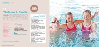 la thalasso longs séjours
Thalasso  famille
Afin d’initier les jeunes aux bienfaits de l’eau de mer, la cure
Teenage Spa a été spécialement conçue par l’équipe de la
Thalasso de Carnac pour les adolescents de 14 à 18 ans.
La cure figure au programme toute l’année et se déroule sur
5 jours. Objectif détente, reminéralisation et revitalisation ! La
cure Teenage Spa s’articule autour de 10 soins thalasso  spa
ludiques et respectueux de leur sensibilité.
5 jours
2 bains hydromassants
ou bain microbulles
2 hydrojets
2 douches à affusion balayante
1 séance d’Aquaforme
1 modelage du cuir chevelu
1 manucure ou soin du dos
1 soin visage “Mon 1er
soin BioCarnac”
10.
Cure spéciale
adolescents
recommandée
pendant les
vacances scolaires
entre le 7 février
et le 6 mars,
entre le 11 avril
et le 10 mai,
entre le 4 juillet
et le 31 août 2015
Attention :
réservation préalable
obligatoire
À Carnac,
place aux enfants !
Teenage beauté
Pour les ados, un rituel de soins beauté
avec au programme :
1 soin visage “Mon 1er
soin visage”
1 soin douceur du dos
1 soin de manucure
190 €, pour les ados de 14 à 18 ans,
sur réservation
Semaines Kid Spa
Des activités ludiques de bien-être pour
tous les enfants de 8 à 13 ans hébergés
à Carnac resort Hôtel les Salines pendant
les vacances scolaires :
• 2 séances d’1h de Yoga
• 2 séances d’1h d’école de massage
• 1 séance de 25 mn de soin au choix
(manucure ou soin du visage)
Du 20 au 24/04/15 - Du 19 au 23/10/15
Du 21 au 25/12/15
GRATUIT, sur réservation
Kid club
Service de garderie pour les enfants
âgés de 3 à 12 ans hébergés sur le site
pendant les vacances scolaires (sauf
week-end).
À partir de 24 € la 1/2 journée,
sur réservation
445 €
hors hébergement et hors restauration
ils vont
adorer la
thalasso !
Détail des prix : voir annexe. Prix nets TTC par personne,
susceptibles d’être modifiés sans préavis.
26 / Carnac thalasso  spa resort®
 