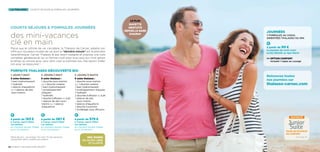 la thalasso courts séjours  formules journées
courts séjours  formules journées
des mini-vacances
clé en main
Parce que le rythme de vie s’accélère, la Thalasso de Carnac adapte son
offre aux nouveaux modes de vie dont la “dernière minute” est la première
caractéristique. Carnac Thalasso  spa resort s’adapte et propose une cure
complète, généreuse et sur un format court pour tous ceux qui n’ont jamais
le temps ou encore pour ceux dont c’est la première fois. Pas besoin d’aller
loin pour se ressourcer !
1 jour/1 nuit
3 soins thalasso :
1 bain hydromassant
1 hydrojet
1 séance d’aquaform
ou 1 séance de jets
sous-marins
2 jours/1 nuit
6 soins thalasso :
1 douche sous-marine
ou 1 douche océane
1 bain hydromassant
1 enveloppement
d’algues
1 hydrojet,
1 douche à affusion ou à jet
1 séance de jets sous-
marins ou 1 séance
d’aquaform
3 jours/3 nuits
9 soins thalasso :
1 douche sous-marine
ou 1 douche océane
1 bain hydromassant
1 enveloppement d’algues
1 hydrojet
2 douches à affusion ou à jet
1 séance de jets
sous-marins
1 séance d’aquaform
1 douche à pomme
1 modelage sous affusion
Forfaits thalasso découverte bio
Journées
7 formules au choix,
orientées Thalasso ou Spa
à partir de 90 €
la journée de soins avec
accès illimité au Spa Marin
 Option confort
incluant 1 repas au Lounge
à partir de 579 €
à Carnac resort Hôtel
Les Salines
en chambre double Village
et en 1/2 pension
à partir de 287 €
à Carnac resort Hôtel
Les Salines
en chambre double Village
et en 1/2 pension
à partir de 193 €
à Carnac resort Hôtel
Les Salines
en chambre double Village
et en 1/2 pension
Détail des prix : voir annexe. Prix nets TTC par personne,
susceptibles d’être modifiés sans préavis.
Spa marin
en Accès libre
et illimité
le plus
navette
gratuite
depuis la gare
d’auray
Retrouvez toutes
nos journées sur
thalasso-carnac.com
pour un maximum
de confort
nouveauté
Voir page 41
28 / Carnac thalasso  spa resort®
 