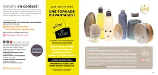 53
biocarnac®
la gamme cosmétique bio exclusive à Carnac
Achetez en ligne sur : boutique-thalasso-carnac.com
Les produits de la gamme BioCarnac® sont fabriqués à partir de matières premières
issues du littoral breton : l’eau de mer de Carnac, concentrée à 26% et les algues de
l’île de Molène. Pour prendre soin des peaux les plus sensibles et dans un souci de
respect de la biodiversité, les formules utilisées sont créées sur des bases biologiques
naturelles, végétales, marines ou minérales. En 2014, le masque fondant hydratant a
reçu le trophée de l’excellence Cosmébio. Ce prix international récompense l’alliance
entre la démarche éthique de toute une équipe depuis de longues années et la qualité
de notre gamme cosmétique. Un moyen simple de prolonger chez vous les bienfaits
de votre séjour à Carnac !
restons en contact !
Sites Internet, page Facebook, compte Twitter… Carnac
Thalasso  spa resort® garde le contact avec vous,
pour vous informer en temps réel des nouveautés et
faciliter la préparation de votre séjour.
SITES INTERNET
Réservation en ligne, tarifs exclusifs web, offres de dernière
minute, visites virtuelles…
thalasso-carnac.com
hotel.thalasso-carnac.com
Retrouvez aussi vos idées cadeaux sur :
thalasso-carnac.com
02 97 52 53 54
RéSEAUX SOCIAUX
Bons plans de dernière minute, information
exclusive, conseils diététiques, offres en
avant-première, recettes inédites…
Devenez fan de notre page facebook
Carnac Thalasso :
facebook.com/thalasso.carnac
et de Google+ :
Thalasso-carnac.com/googleplus
Accédez aux vidéos :
youtube.com/user/thalassocarnac
Accédez aux photos :
pinterest.com/thalassocarnac
déjà plusieurs
milliers de fans !
rejoignez-nous
sur facebook
Une tornade
d’avantages!
Club fidélité Tonik
www.thalasso-carnac.com
tonik@thalasso-carnac.com
En adhérant à notre club Fidélité Tonik,
vous devenez un client privilégié
de Carnac Thalasso  spa resort®
Réductions, offres
promotionnelles
personnalisées,
cagnotte, parrainage…
Renseignements et souscription
à l’accueil et aux réceptions
Devenez nos ambassadeurs
et gagnez des séjours Thalasso
PREMIUM
 