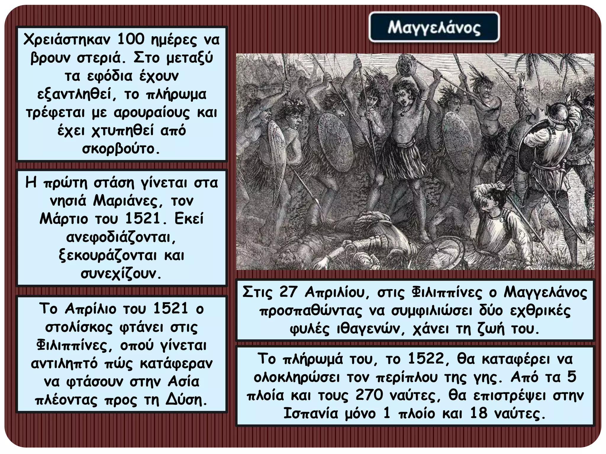 Χρειάστηκαν 100 ημέρες να
βρουν στεριά. Στο μεταξύ
τα εφόδια έχουν
εξαντληθεί, το πλήρωμα
τρέφεται με αρουραίους και
έχει χτυπηθεί από
σκορβούτο.
Η πρώτη στάση γίνεται στα
νησιά Μαριάνες, τον
Μάρτιο του 1521. Εκεί
ανεφοδιάζονται,
ξεκουράζονται και
συνεχίζουν.
Το Απρίλιο του 1521 ο
στολίσκος φτάνει στις
Φιλιππίνες, οπού γίνεται
αντιληπτό πώς κατάφεραν
να φτάσουν στην Ασία
πλέοντας προς τη Δύση.
Στις 27 Απριλίου, στις Φιλιππίνες ο Μαγγελάνος
προσπαθώντας να συμφιλιώσει δύο εχθρικές
φυλές ιθαγενών, χάνει τη ζωή του.
Το πλήρωμά του, το 1522, θα καταφέρει να
ολοκληρώσει τον περίπλου της γης. Από τα 5
πλοία και τους 270 ναύτες, θα επιστρέψει στην
Ισπανία μόνο 1 πλοίο και 18 ναύτες.
 