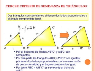TERCER CRITERIO DE SEMEJANZA DE TRIÁNGULOS 
Dos triángulos son semejantes si tienen dos lados proporcionales y 
el ángulo comprendido igual. 
b' c' Ù Ù 
b c 
C 
a 
A B 
C' 
b' 
C' 
• Por el Teorema de Thales A'B''C'' y A'B'C' son 
semejantes. 
• Por otra parte los triángulos ABC y A'B''C'' son iguales, 
por tener dos lados proporcionales con la misma razón 
de proporcionalidad y el ángulo comprendido igual. 
• Por tanto ABC = A'B''C'' es semejante al triángulo 
A'B'C'. 
b 
c A' B' 
c' 
a' 
  =        y   = A A' 
A' B'' 
B' 
C'' 
c 
 