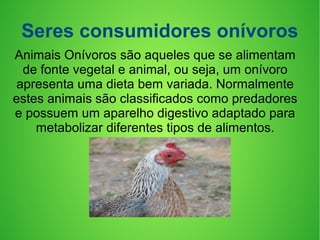 Seres consumidores onívoros
Animais Onívoros são aqueles que se alimentam
de fonte vegetal e animal, ou seja, um onívoro
apresenta uma dieta bem variada. Normalmente
estes animais são classificados como predadores
e possuem um aparelho digestivo adaptado para
metabolizar diferentes tipos de alimentos.
 