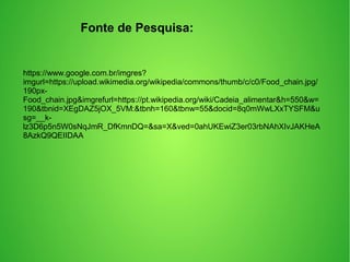 https://www.google.com.br/imgres?
imgurl=https://upload.wikimedia.org/wikipedia/commons/thumb/c/c0/Food_chain.jpg/
190px-
Food_chain.jpg&imgrefurl=https://pt.wikipedia.org/wiki/Cadeia_alimentar&h=550&w=
190&tbnid=XEgDAZ5jOX_5VM:&tbnh=160&tbnw=55&docid=8q0mWwLXxTYSFM&u
sg=__k-
lz3D6p5n5W0sNqJmR_DfKmnDQ=&sa=X&ved=0ahUKEwiZ3er03rbNAhXIvJAKHeA
8AzkQ9QEIIDAA
Fonte de Pesquisa:
 