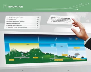 Satellite
ADS-B
En-route
airspace
(lower) TMA 1
Bird detection
Wake-Vortex
Weather hazards
Foreign object debris
53
Innovation7
7.1 Windfarm Compliant Radars . . . . . . . . . . . . . . . . . . . . . . . . . . . . . . . 	54
7.2 Bird detection. . . . . . . . . . . . . . . . . . . . . . . . . . . . . . . . . . . . . . . . . . . . . . . 	56
7.3 Foreign Object Debris Detection . . . . . . . . . . . . . . . . . . . . . . . . . . . 	58
7.4 Wake-Vortex detection. . . . . . . . . . . . . . . . . . . . . . . . . . . . . . . . . . . . . 	59
7.5 Weather hazards detection. . . . . . . . . . . . . . . . . . . . . . . . . . . . . . . . . 	60
7.6 MultiStatic Primary Surveillance Radar. . . . . . . . . . . . . . . . . . . . . 	61
Windfarms
MultiStatic
5252
 