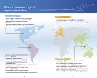 10 11
EUROPE
• Until 2020+, at least one layer of ATM ground surveillance should be
an co-operative independent surveillance to meet safety requirements
• PSR is required in TMAs to cater for failed avionics in a critical phase of flight.
ASIA PACIFIC
• Maximise the use of ADS-B on major air routes and in terminal areas,
use of ADS-B for ATC separation service;
• Reduce the dependence on Primary Radar for area surveillance;
• Air routes: using ADS-B and Mode S SSR based on operational requirements;
• Make full use of SSR Mode S capabilities where radar surveillance is used
• Make use of ADS-C where technical constraint or cost benefit analysis does not
support the use of ADS-B, SSR or Multilateration;
• Make use of Multilateration for surface, terminal and area surveillance where
appropriate as an alternative or supplement to other surveillance systems.
IATA has also outlined regional
requirements as follows:
NORTH AMERICA
• Existing surveillance infrastructure will remain in place until 2020
• Migration to ADS-B as primary means of surveillance by 2020
• Reduced secondary surveillance network (after 2020)
• Retain all en route beacons
• Retain limited set of terminal beacons at OEP/High Density Terminals
• Terminal primary radars are retained as safety backup.
CARIBBEAN  SOUTH AMERICA
Medium term (2010-2015)
• SSR Mode S surveillance in high density
• Increase of Ground implementation for ADS-B to fill
en route and terminal areas not covered with radar
and to strengthen surveillance in areas covered with
SSR Modes A/C and S.
• Wide area multilateration (WAM) implementation as a possible transition path
to ADS-B environment in a shorter timeframe.
• ADS-C surveillance in all oceanic and remote airspace.
Long term (until 2015-2025)
• Old SSR Mode A/C radars won’t be replaced anymore.
• ADS-B or multilateration systems will fully replace those decommissioned SSRs.
 