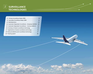 1312
Surveillance
Technologies
2
2.1 Primary Surveillance Radar (PSR) . . . . . . . . . . . . . . . . . . . . . . . . . . . 	14
2.2 Secondary Surveillance Radar (SSR) . . . . . . . . . . . . . . . . . . . . . . . . 	16
2.3 Multilateration . . . . . . . . . . . . . . . . . . . . . . . . . . . . . . . . . . . . . . . . . . . . . 	18
2.4 Automatic Dependent Surveillance – Broadcast (ADS-B) . . 	20
2.5 Automatic Dependent Surveillance – Contract (ADS-C) . . . 	22
2.6 Summary of sensor surveillance technology . . . . . . . . . . . . . . . 	24
2.7 Applications of sensor surveillance technology . . . . . . . . . . . . 	26
2.8 Data provided by each surveillance technology . . . . . . . . . . . 	27
2.9 Tracking system . . . . . . . . . . . . . . . . . . . . . . . . . . . . . . . . . . . . . . . . . . . . 	28
 