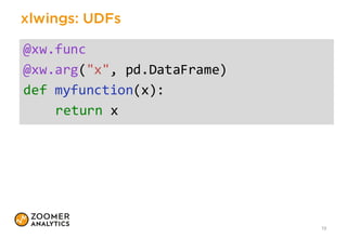xlwings: UDFs
19
@xw.func
@xw.arg("x",  pd.DataFrame)
def myfunction(x):
return x
 