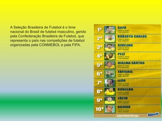 A Seleção Brasileira de Futebol é o time 
nacional do Brasil de futebol masculino, gerido 
pela Confederação Brasileira de Futebol, que 
representa o país nas competições de futebol 
organizadas pela CONMEBOL e pela FIFA. 
 