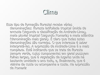 Clima Esse tipo de formação florestal recebe várias denominações: floresta latifoliada tropical úmida de encosta (segundo a classificação de Andrade-Lima), mata pluvial tropical (segundo Romariz) e mata atlântica (denominação mais geral). É claro que todas estas denominações são corretas. O que interessa é saber interpretá-las. A expressão de Andrade-Lima é a mais complexa. Está indicando que se trata de floresta sempre verde, cujos componentes em geral possuem folhas largas, que é vegetação de lugares onde há bastante umidade o ano todo, e, finalmente, que é vizinha da costa ou acompanha a costa. Na expressão de Romariz 