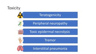 Toxicity
Teratogenicity
Peripheral neuropathy
Toxic epidermal necrolysis
Tremor
Interstitial pneumonia
 