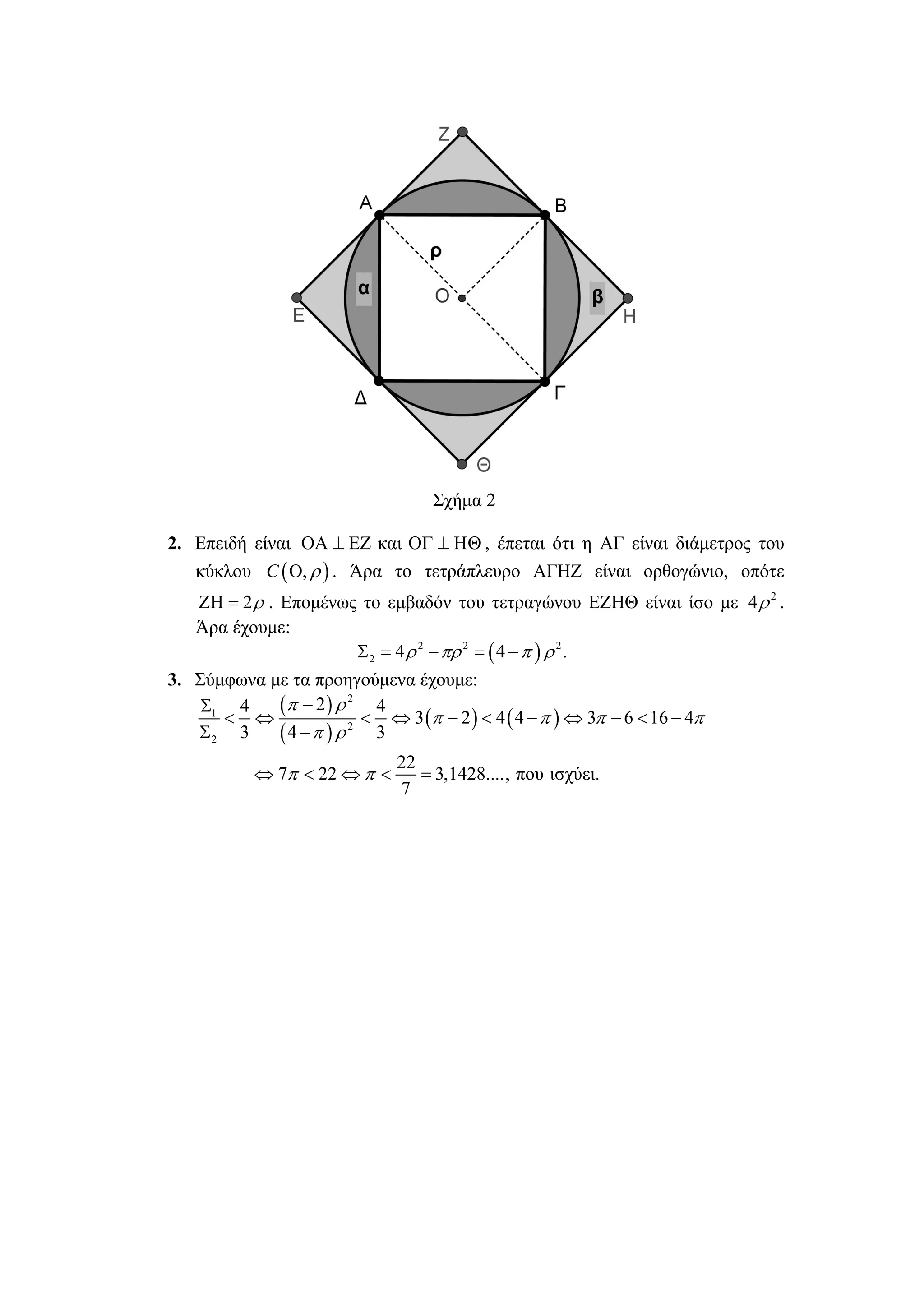 Σχήμα 2

2. Επειδή είναι ΟΑ ⊥ ΕΖ και ΟΓ ⊥ ΗΘ , έπεται ότι η ΑΓ είναι διάμετρος του
   κύκλου C ( Ο, ρ ) . Άρα το τετράπλευρο ΑΓΗΖ είναι ορθογώνιο, οπότε
   ΖΗ = 2 ρ . Επομένως το εμβαδόν του τετραγώνου ΕΖΗΘ είναι ίσο με 4 ρ 2 .
   Άρα έχουμε:
                      Σ 2 = 4 ρ 2 − πρ 2 = ( 4 − π ) ρ 2 .
3. Σύμφωνα με τα προηγούμενα έχουμε:
    Σ1 4    (π − 2 ) ρ 2 < 4 ⇔ 3 π − 2 < 4 4 − π ⇔ 3π − 6 < 16 − 4π
      < ⇔                       (     ) (       )
   Σ2 3     (4 −π ) ρ 2 3
                            22
          ⇔ 7π < 22 ⇔ π <      = 3,1428...., που ισχύει.
                            7
 