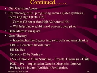 Continued……
• Oral Chelation Agents
• Pharmacologically up regulating gamma globin synthesis,
increasing Hgb F(Fetal Hb)
– Carries O2 better than Hgb A2(Arterial Hb)
– Will help bind a globins and decrease precipitate
• Bone Marrow transplant
• Gene Therapy
– Inserting healthy b genes into stem cells and transplanting
CBC – Complete Blood Count
HB Studies
Genetic – DNA Testing –
CVS – Chronic Villus Sampling – Prenatal Diagnosis – Child
PGD - Pre – Implantation Genetic Diagnosis- Embryo
Produced by Invitro (Artificial) Fertilization.
Monday, 24th March 2014 19
 