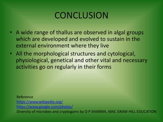 CONCLUSION
• A wide range of thallus are observed in algal groups
which are developed and evolved to sustain in the
external environment where they live
• All the morphological structures and cytological,
physiological, genetical and other vital and necessary
activities go on regularly in their forms
Reference
https://www.wikipedia.org/
https://www.google.com/photos/
Diversity of microbes and cryptogams by O P SHARMA, MAC GRAW HILL EDUCATION
 