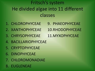 Fritsch’s system
He divided algae into 11 different
classes
1. CHLOROPHYCEAE
2. XANTHOPHYCEAE
3. CHRYSOPHYCEAE
4. BACILLARIOPHYCEAE
5. CRYPTOPHYCEAE
6. DINOPHYCEAE
7. CHLOROMONADIAE
8. EUGLENEAE
9. PHAEOPHYCEAE
10.RHODOPHYCEAE
11.MYXOPHYCEAE
 