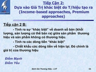 Tiếp cận 2 B:   - Tính ra sự “khác biệt” về doanh số bán (khối  lượng, sản lượng có thể bán ra) giữa sản phẩm  thương hiệu và sản phẩm không có thương hiệu. - Tính ra các dòng tiền “khác biệt”  - Chiết khấu các dòng tiền về hiện tại. Đó chính là  giá trị của thương hiệu  Tiếp Cận 2:   Dựa vào Giá Trị khác biệt do T/hiệu tạo ra  (Income-based approaches, Premium approaches)   Định Giá Thương Hiệu - LVT Điểm Mạnh Điểm Yếu   