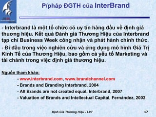 P/pháp ĐGTH của  InterBrand - Interbrand là một tổ chức có uy tín hàng đầu về định giá thuơng hiệu. Kết quả Đánh giá Thương Hiệu của Interbrand tạp chí Business Week công nhận và phát hành chính thức. - Đi đầu trong việc nghiên cứu và ứng dụng mô hình Giá Trị Kinh Tế của Thương Hiệu, bao gồm cả yếu tố Marketing và tài chánh trong việc định giá thương hiệu.  Định Giá Thương Hiệu - LVT Nguồn tham khảo:   -  www.interbrand.com ,  www.brandchannel.com - Brands and Branding Interbrand, 2004 - All Brands are not created equal, Interbrand, 2007 - Valuation of Brands and Intellectual Capital, Fernández, 2002 