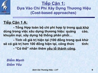 Tiếp Cận 1:   Dựa Vào Chi Phí Xây Dựng Thương Hiệu (Cost-based approaches)  Tiếp Cận 1 A:   - Tổng Hợp toàn bộ chi phí hợp lý trong  quá khứ   dùng trong việc xâu dựng thương hiệu: quảng  cáo, khuyến mại, xây dựng hệ thống phân phối… - Tính về giá trị hiện tại (100 đồng trong quá khứ  sẽ có giá trị hơn 100 đồng hiện tại, công thức  tính:  - “Có thể” nhân thêm  yếu tố thành công . Định Giá Thương Hiệu - LVT Điểm Mạnh Điểm Yếu   