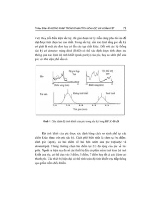 THẨM ĐỊNH PHƯƠNG PHÁP TRONG PHÂN TÍCH HÓA HỌC VÀ VI SINH VẬT 21
việc thay đổi điều kiện sắc ký, thì giai đoạn xử lý mẫu cũng phải tối ưu để
đạt được tính chọn lọc cao nhất. Trong sắc ký, cần xác định rằng píc sắc ký
có phải là một píc đơn hay có lẫn các tạp chất khác. Đối với các hệ thống
sắc ký có detector mảng diod (DAD) có thể xác định được tính chọn lọc
thông qua xác định độ tinh khiết (peak purity) của píc, hay so sánh phổ của
píc với thư viện phổ sẵn có.
Hình 1: Xác định độ tinh khiết của pic trong sắc ký lỏng HPLC-DAD
Độ tinh khiết của píc được xác định bằng cách so sánh phổ tại các
điểm khác nhau trên pic sắc ký. Cách phổ biến nhất là chọn tại ba điểm:
đỉnh píc (apex), và hai điểm về hai bên sườn của píc (upslope và
downslope). Thông thường chọn hai điểm tại 2/3 độ rộng của píc về hai
phía. Ngoài ra hiện nay đa số các thiết bị đều có phần mềm tính toán độ tinh
khiết của píc, có thể dựa vào 3 điểm, 5 điểm, 7 điểm hay tất cả các điểm tạo
thành píc. Các thiết bị hiện đại có thể tính toán độ tinh khiết trực tiếp thông
qua phần mềm điều khiển.
 