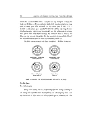 40 CHƯƠNG II: THẨM ĐỊNH PHƯƠNG PHÁP PHÂN TÍCH HÓA HỌC
như là hai khái niệm khác nhau. Trong tài liệu này chúng tôi sử dụng hai
thuật ngữ độ đúng và độ chụm để diễn tả độ chính xác của một phương pháp
phân tích theo quan điểm mới nhất của tiêu chuẩn quốc tế (ISO 5725 1-
6:1994) và tiêu chuẩn quốc gia (TCVN 6910 1-6:2005). Độ đúng chỉ mức
độ gần nhau giữa giá trị trung bình của kết quả thử nghiệm và giá trị thực
hoặc giá trị được chấp nhận là đúng μ. Độ chụm chỉ mức độ mức độ dao
động của các kết quả thử nghiệm độc lập quanh trị giá trung bình. Hình 9
mô tả sự mối quan hệ giữa độ chụm, độ đúng và độ chính xác.
Độ chính xác (accuracy) = độ chụm (precision) + độ đúng (trueness)
Hình 9: Minh họa khái niệm độ chính xác (độ chụm và độ đúng)
5.1. Độ chụm
5.1.1. Định nghĩa
Trong nhiều trường hợp các phép thử nghiệm trên những đối tượng và
với những điều kiện khác nhau thường không cho kết quả giống nhau. Điều
này do các sai số ngẫu nhiên của mỗi quy trình gây ra, ta không thể kiểm
 