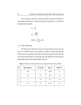 44 CHƯƠNG II: THẨM ĐỊNH PHƯƠNG PHÁP PHÂN TÍCH HÓA HỌC
Nếu các mẫu có nồng độ xi khác nhau nhiều thì thay cho độ lệch di,
tính độ lệch tương đối Di, và độ lệch tương đối trung bình Dtb và sau đó tính
độ lệch chuẩn tương đối:
i
i
i
x
d
D =
n
D
D
i
tb
∑=
100
118,1
D
%RSD tb
×=
5.1.3. Tiêu chí đánh giá
Đối chiếu giá trị tính được với giá trị mong muốn hay giá trị yêu cầu
hoặc so với RSD% lặp lại cho trong bảng 7 (RSD% tính được không được
lớn hơn giá trị trong bảng ở hàm lượng chất tương ứng). Độ chụm thay đổi
theo nồng độ chất phân tích. Nồng độ chất càng thấp thì kết quả càng dao
động nhiều (không chụm) nghĩa là RSD càng lớn.
Bảng 7: Độ lặp lại tối đa chấp nhận tại các nồng độ khác nhau (theo AOAC)
TT Hàm lượng % Tỷ lệ chất Đơn vị RSD (%)
1. 100 1 100% 1,3
2. 10 10-1
10% 1,8
3. 1 10-2
1% 2,7
4. 0,1 10-3
0,1 % 3,7
 