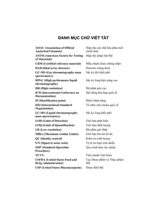 DANH MỤC CHỮ VIẾT TẮT
AOAC (Association of Official
Analytical Chemists)
Hiệp hội các nhà hóa phân tích
chính thức
ASTM (American Society for Testing
of Materials)
Hiệp hội phép thử Mỹ
CRM (Certified reference material) Mẫu chuẩn được chứng nhận
DAD (Diod array detector) Detector mảng diod
GC-MS (Gas chromatography mass
spectrometry)
Sắc ký khí khối phổ
HPLC (High performance liquid
chromatography)
Sắc ký lỏng hiệu năng cao
HR (High resolution) Độ phân giải cao
ICH (International Conference on
Harmonization)
Hội đồng hòa hợp quốc tế
IP (Identification point) Điểm nhận dạng
ISO (International Standard
Organization)
Tổ chức tiêu chuẩn quốc tế
LC-MS (Liquid chromatography
mass spectrometry)
Sắc ký lỏng khối phổ
LOD (Limit of Detection) Giới hạn phát hiện
LOQ (Limit of Quantification) Giới hạn định lượng
LR (Low resolution) Độ phân giải thấp
MRLs (Maximum residue Limits) Giới hạn tồn dư tối đa
QC (Quality control) Kiểm tra chất lượng
S/N (Signal to noise ratio) Tỷ lệ tín hiệu trên nhiễu
SOP (Standard Operation
Procedure)
Quy trình thao tác chuẩn
TCVN Tiêu chuẩn Việt Nam
USFDA (United States Food and
Drug Administration)
Cục Dược phẩm và Thực phẩm
Mỹ
USP (United States Pharmacopoeia) Dược điển Mỹ
 