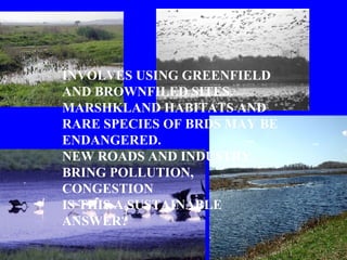 INVOLVES USING GREENFIELD AND BROWNFILED SITES. MARSHKLAND HABITATS AND RARE SPECIES OF BRDS MAY BE ENDANGERED. NEW ROADS AND INDUSTRY BRING POLLUTION, CONGESTION IS THIS A SUSTAINABLE ANSWER?