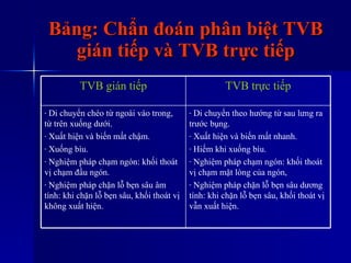 Bảng: Chẩn đoán phân biệt TVB gián tiếp và TVB trực tiếp Di chuyển theo hướng từ sau lưng ra trước bụng. Xuất hiện và biến mất nhanh. Hiếm khi xuống bìu. Nghiệm pháp chạm ngón: khối thoát vị chạm mặt lòng của ngón, Nghiệm pháp chặn lỗ bẹn sâu dương tính: khi chặn lỗ bẹn sâu, khối thoát vị vẫn xuất hiện. Di chuyển chéo từ ngoài vào trong, từ trên xuống dưới. Xuất hiện và biến mất chậm. Xuống bìu. Nghiệm pháp chạm ngón: khối thoát vị chạm đầu ngón. Nghiệm pháp chặn lỗ bẹn sâu âm tính: khi chặn lỗ bẹn sâu, khối thoát vị không xuất hiện. TVB trực tiếp TVB gián tiếp 