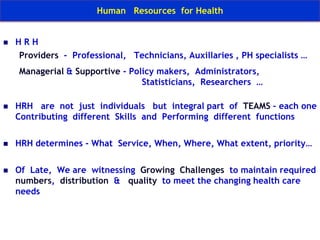 Be   Responsive  to  User’s   NeedsHuman  Resources  for  HealthDr.  D.  Thamma  RaoAdvisor  - Public Health  (Human Resources)National Health Systems Resources Centre, NRHMNew DelhiHRH  is  the   Critical Factor  For Health  Care  Accessibility -  Equity - Quality 