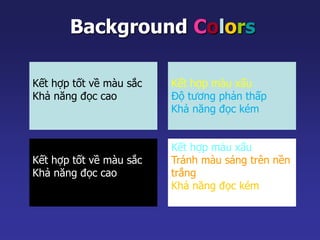 Background Colors 
Kết hợp tốt về màu sắc 
Khả năng đọc cao 
Kết hợp màu xấu 
Độ tương phản thấp 
Khả năng đọc kém 
Kết hợp tốt về màu sắc 
Khả năng đọc cao 
Kết hợp màu xấu 
Tránh màu sáng trên nền 
trắng 
Khả năng đọc kém 
 