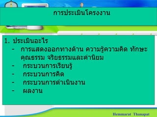 Hemmarat  Thanapat ประเมินอะไร การแสดงออกทางด้าน ความรู้ความคิด ทักษะ คุณธรรม จริยธรรมและค่านิยม กระบวนการเรียนรู้ กระบวนการคิด กระบวนการดำเนินงาน ผลงาน การประเมินโครงงาน 