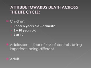 Children: Under 5 years old – animistic 5 – 10 years old  9 or 10 Adolescent – fear of loss of control , being imperfect, being different Adult 