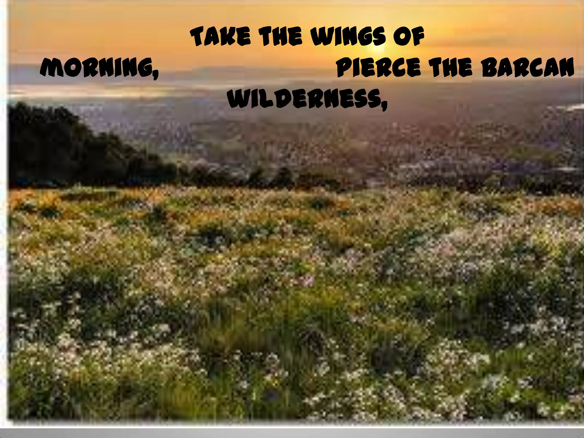 Take the wings of
morning,             Pierce the Barcan
             wilderness,
 