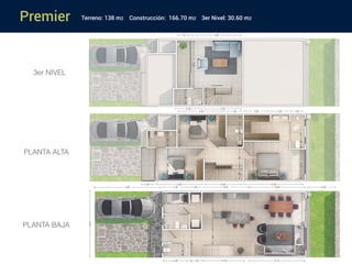 Premier
PLANTA ALTA
PLANTA BAJA
3er NIVEL
Terreno: 138 m2 Construcción: 166.70 m2 3er Nivel: 30.60 m2
 