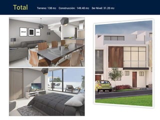 Total Terreno: 138 m2 Construcción: 149.40 m2 3er Nivel: 31.20 m2
 