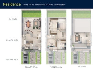 Residence
PLANTA ALTA
PLANTA BAJA
3er NIVEL
PLANTA ALTAPLANTA BAJA 3er NIVEL
8.00
Terreno: 192 m2 Construcción: 194.70 m2 3er Nivel: 38 m2
 